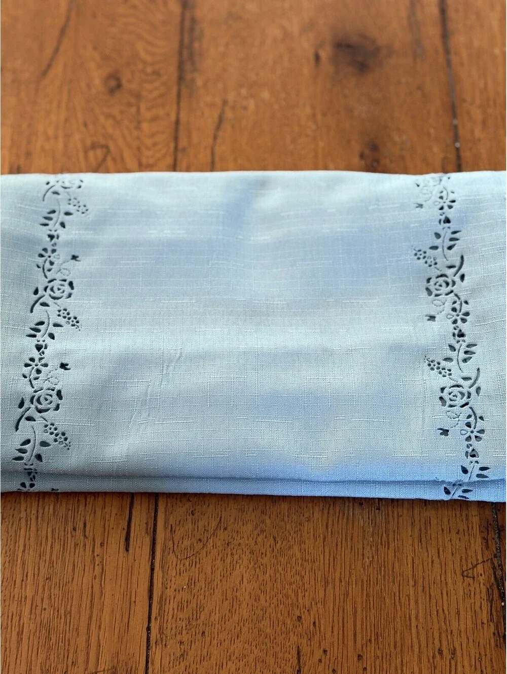Vintage Style Table Runner Solid Blue Green With Cutwork Floral Border  12x68”